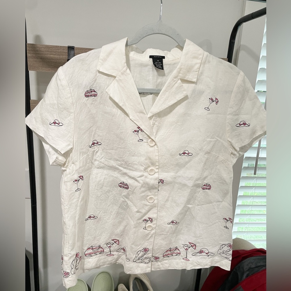 Sandra Vintage Linen Embroidered Purse Martini Shirt Size 10